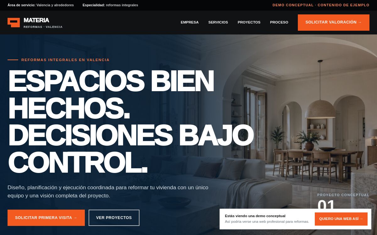 Portada completa de la demo web conceptual para una empresa de reformas en Valencia